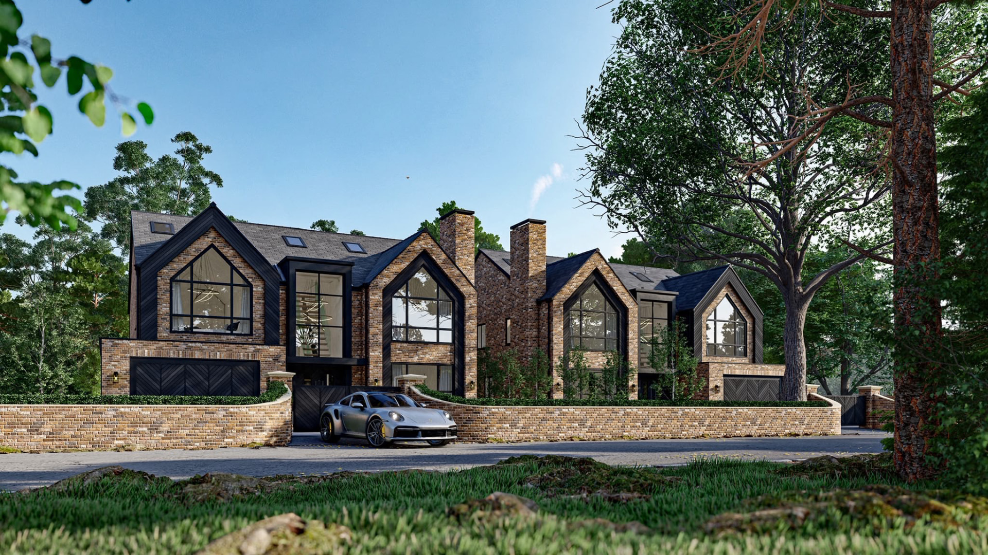 Large brick and black timber gabled family home with walled entrance courtyard